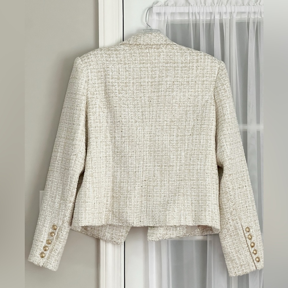 L’AGENCE Brooke Open Front Double Breasted White/Gold Tweed Blazer Size 12 - Picture 8 of 8